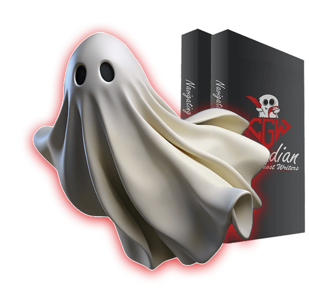 Ghost mascot beside a Canadian Ghostwriters book mockup