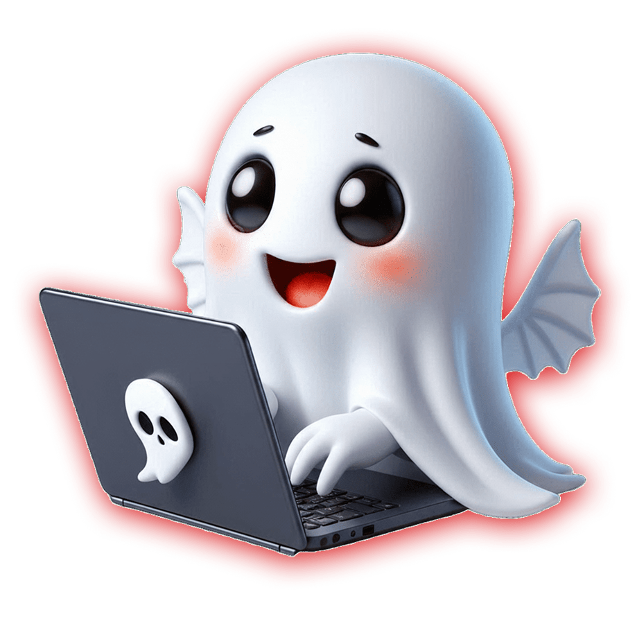 Canadian Ghostwriters ghost mascot working on a laptop