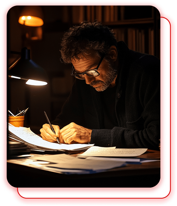 Writer working at a desk by lamplight