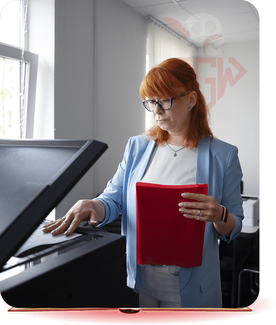 Woman holding a printed book in a print shop