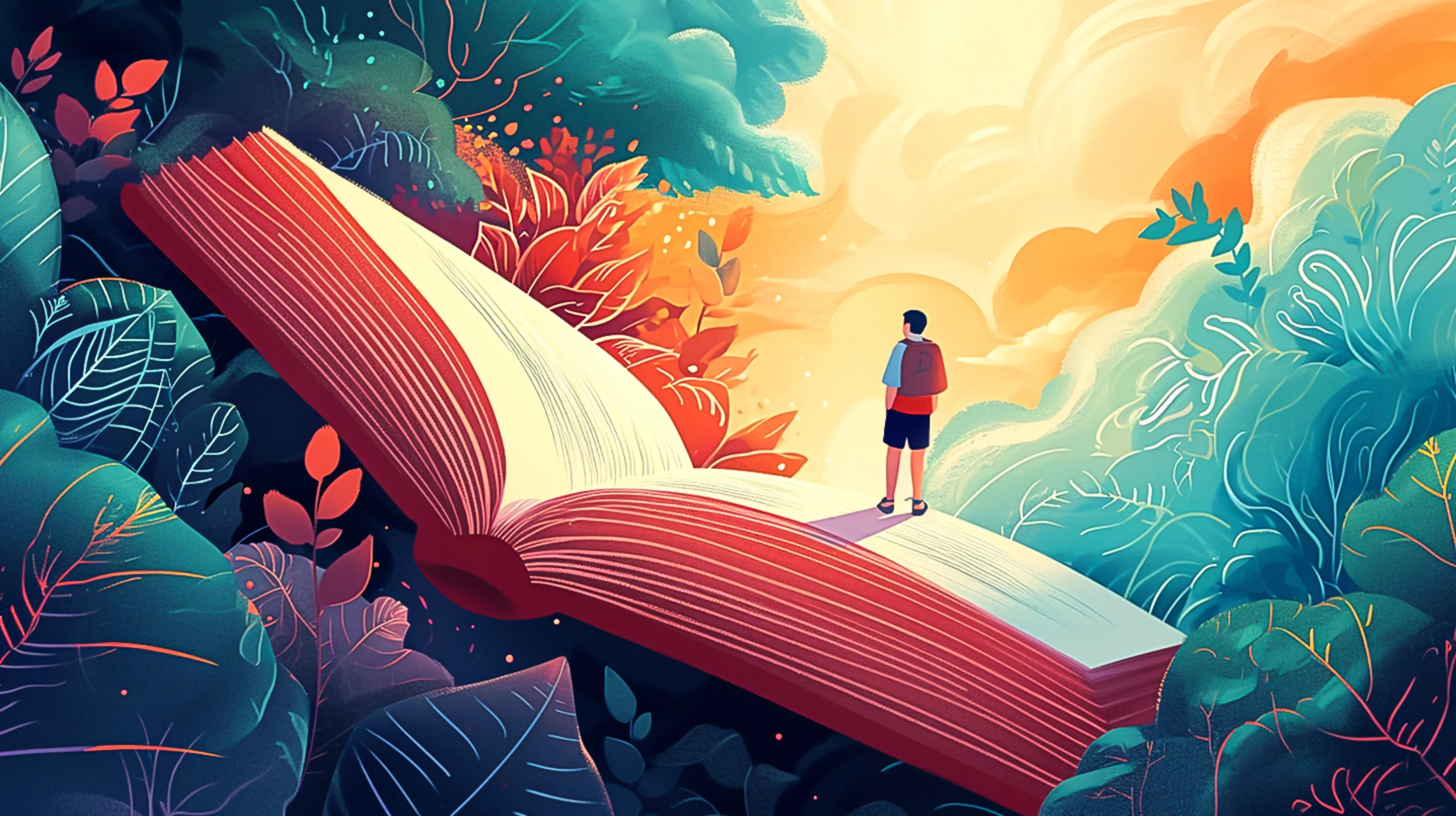 A boy with a backpack stands on a giant open book surrounded by lush, colorful foliage, looking toward a bright, golden sky, evoking adventure and wonder canadian ghostwriters