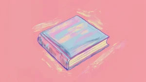 An illustrated closed book with a pastel blue and purple cover rests on a pink background with painted brush strokes. canadianghostwriters