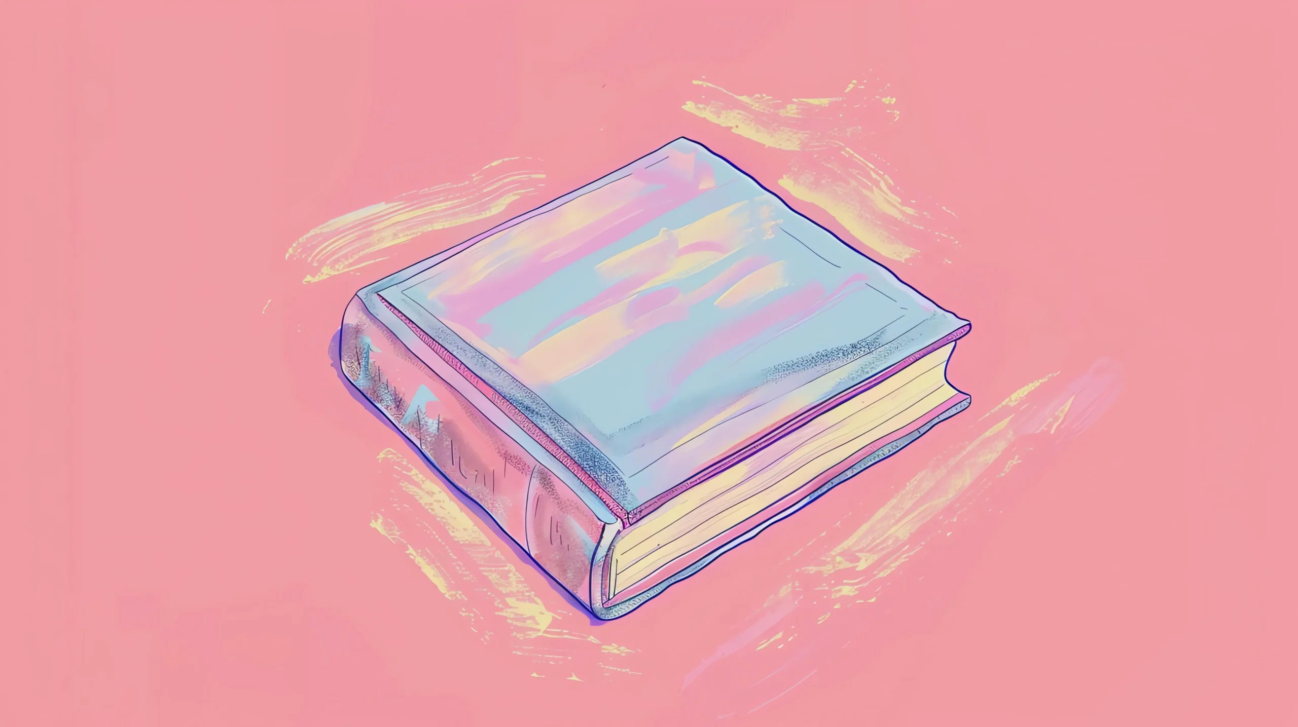 An illustrated closed book with a pastel blue and purple cover rests on a pink background with painted brush strokes. canadianghostwriters