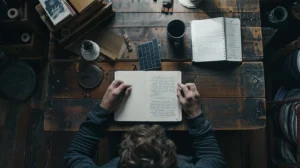 A person writes in a notebook at a rustic wooden table surrounded by books, a coffee cup, and a camera, conveying a cozy, focused atmosphere. canadianghostwriters