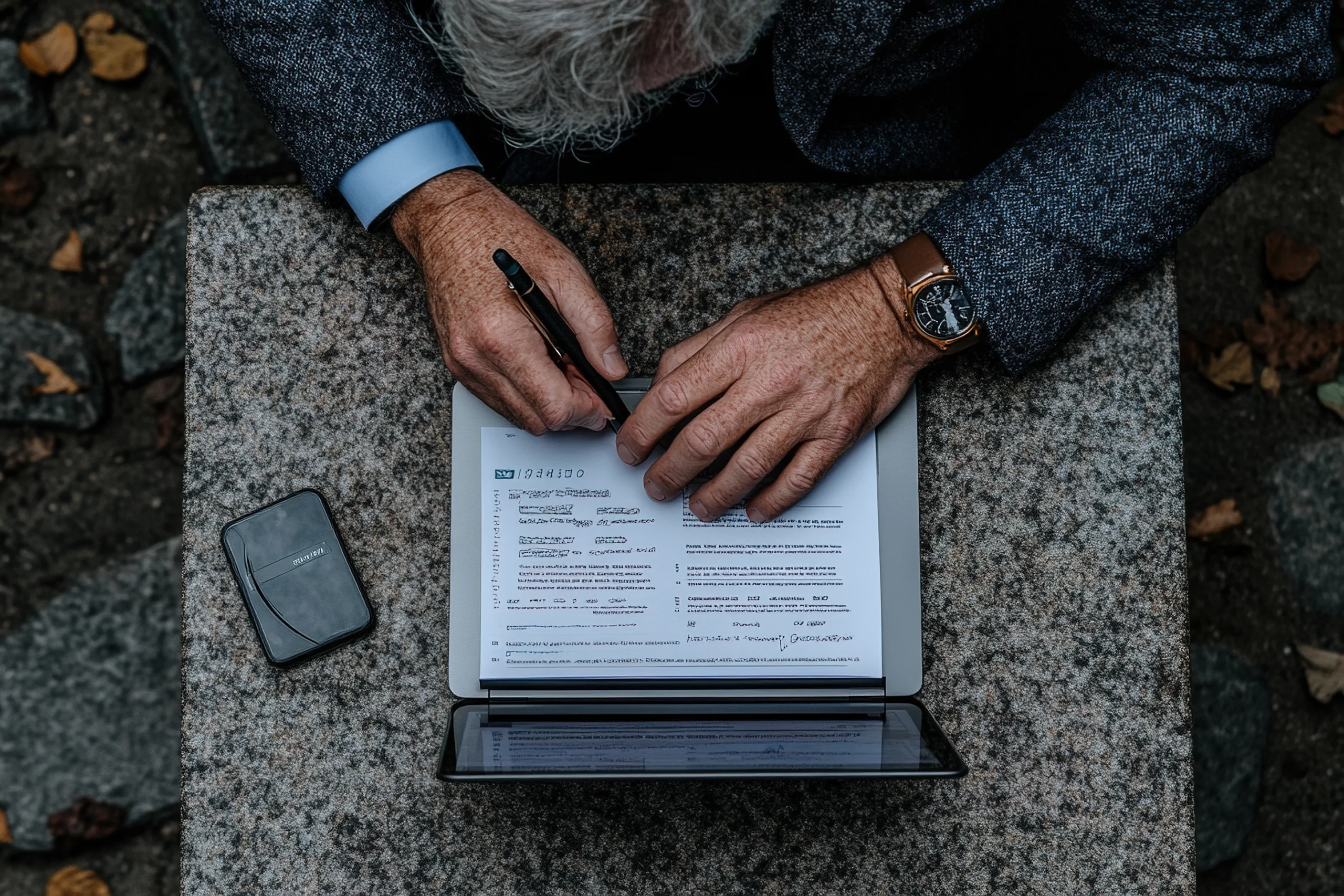 Overhead view of a person with gray hair signing a document on a granite table. They wear a watch and suit jacket, conveying professionalism. Canadian Ghostwriters