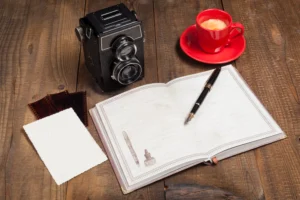 Vintage camera, blank notepad with pen, photo negatives, and a red cup of espresso on a rustic wooden table. Warm, nostalgic ambiance. Autobiography Ghostwriting