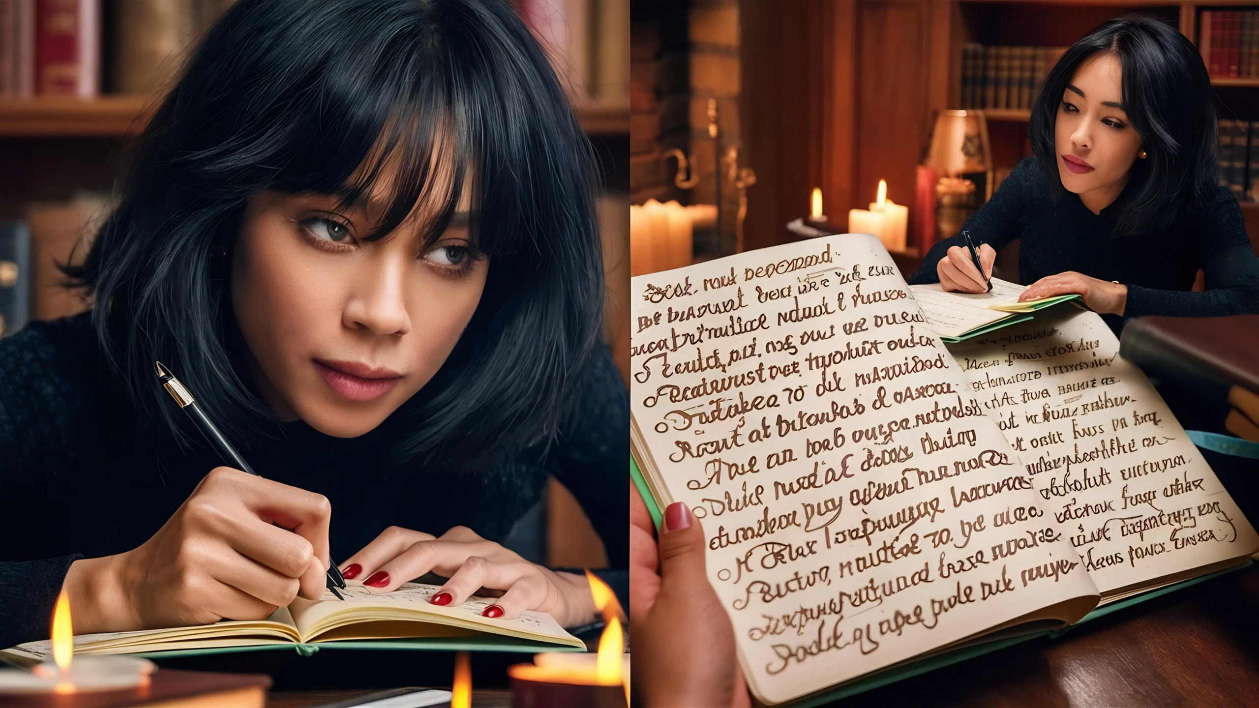 A woman with short black hair and focused expression writes in a notebook by candlelight. Elegant handwriting fills the pages, suggesting deep thought Canadian Ghostwriters