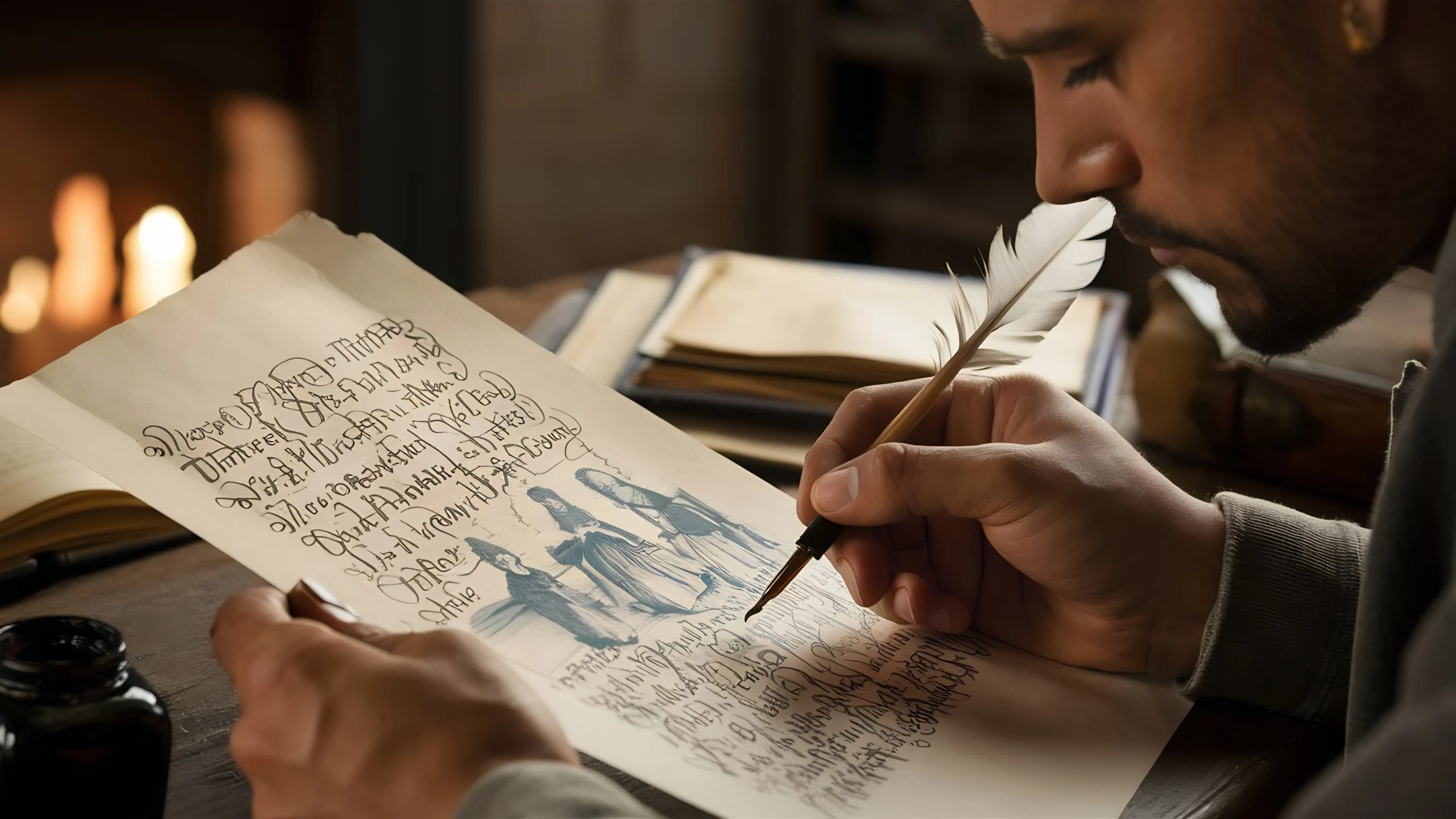 A man writes with a quill on parchment near a wood-burning stove, displaying calligraphy and medieval-style illustrations, conveying focus and history Canadian Ghostwriters