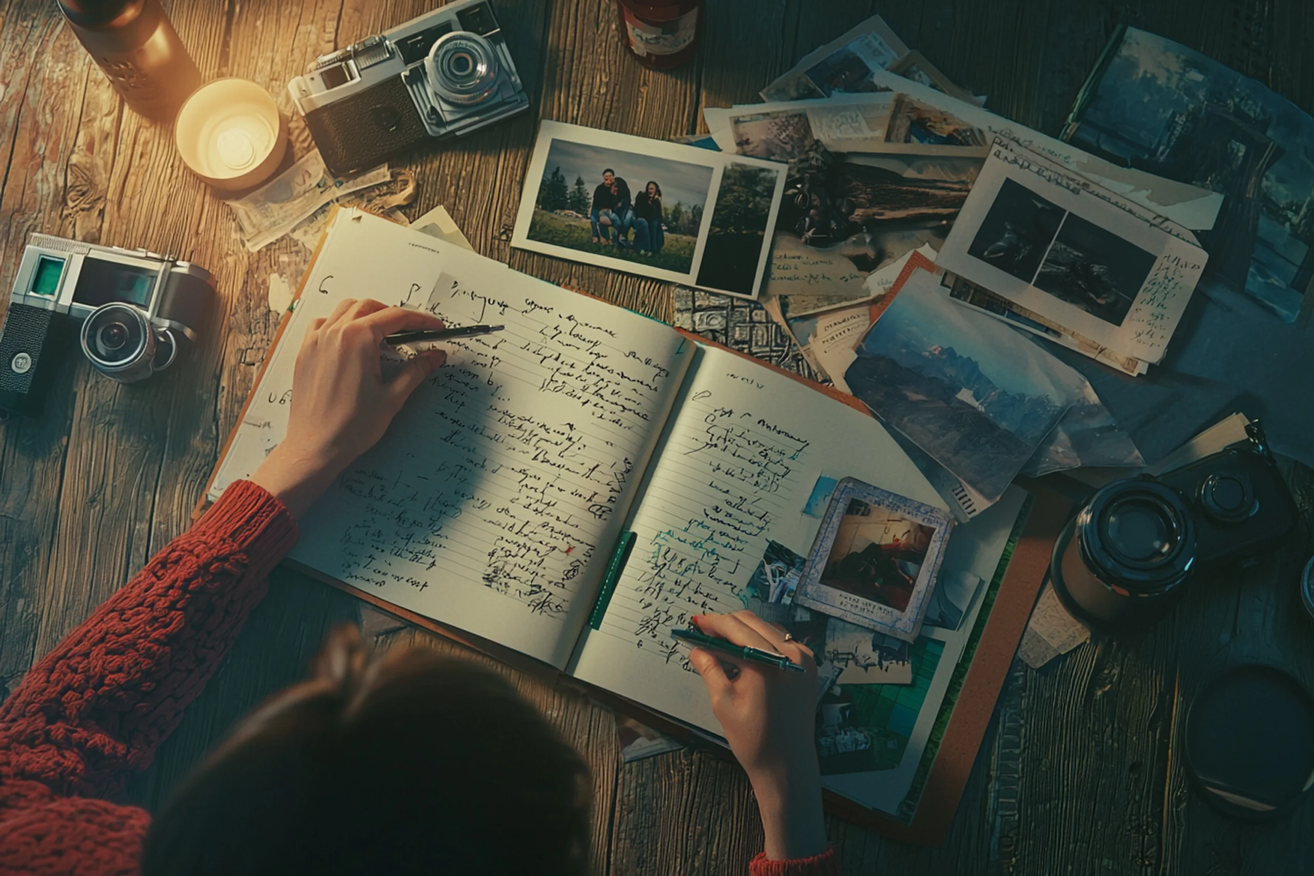 A person in a cozy sweater writes in a journal on a wooden table, surrounded by vintage cameras, photos, and a lit candle, evoking nostalgia. Canadian Ghostwriters