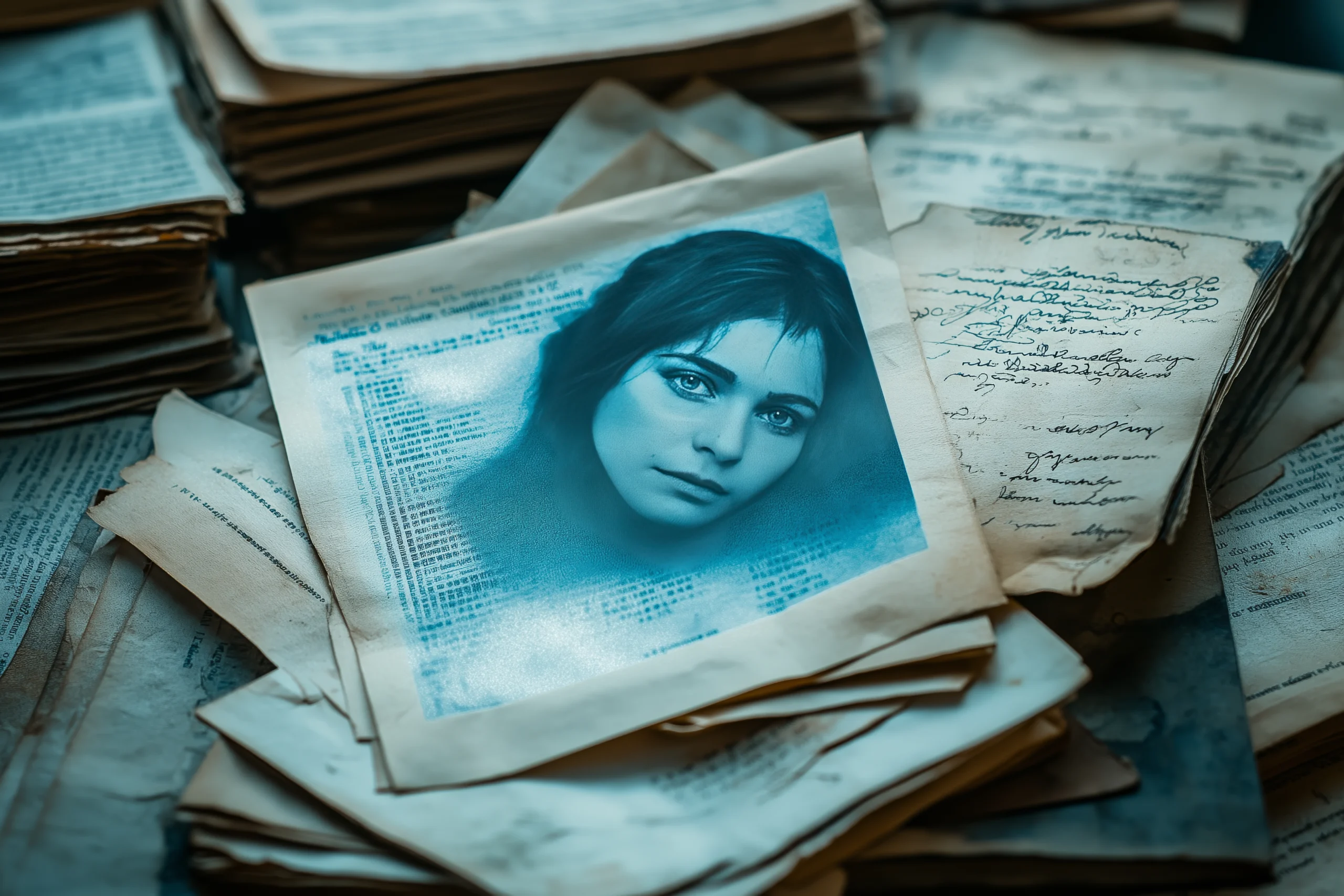 A monochrome photo of a woman's face is printed on a weathered document, surrounded by stacks of aged, handwritten manuscripts. The tone conveys nostalgia. Canadian Ghostwriters