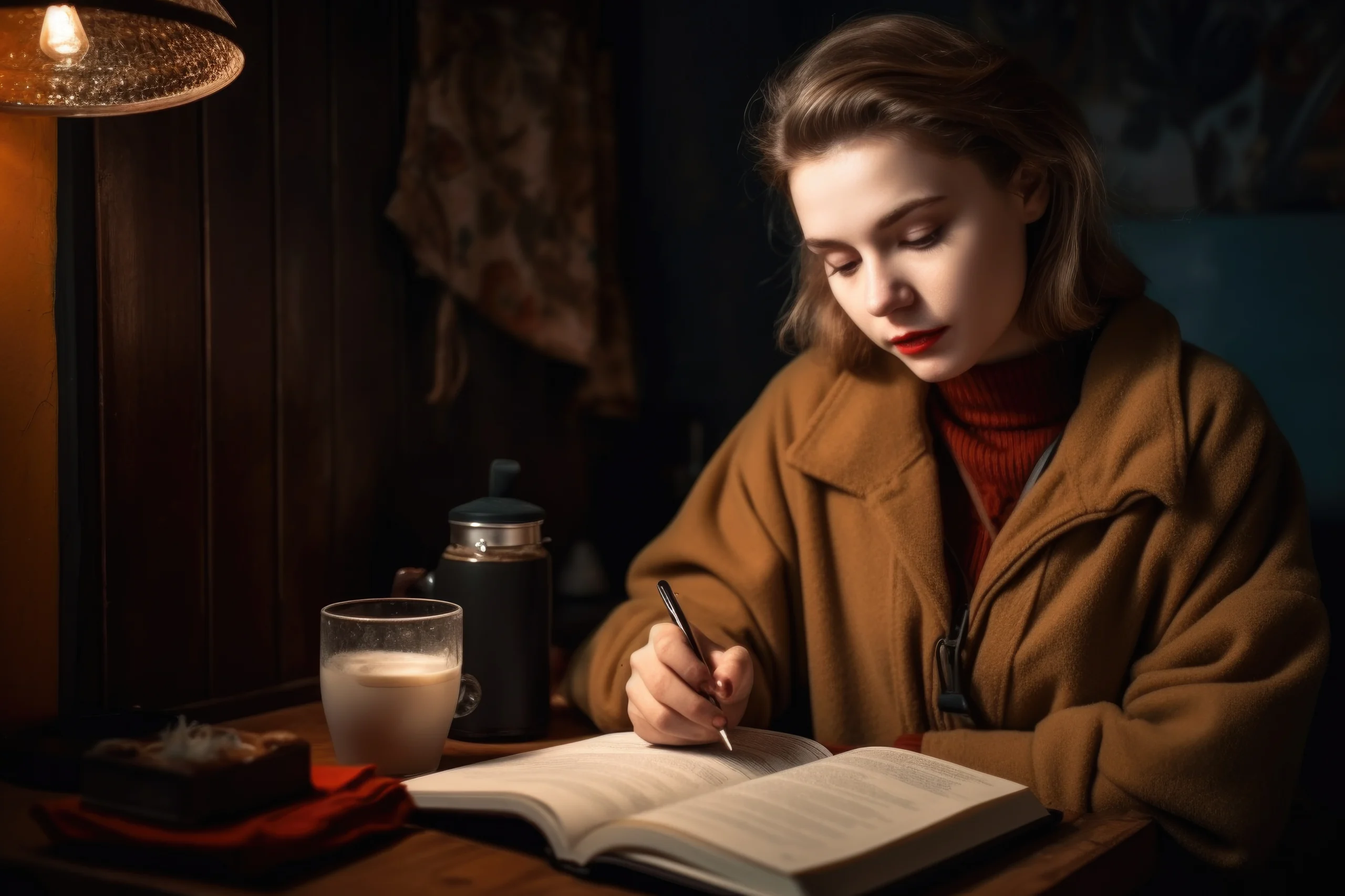 A woman in a cozy setting writes in a notebook by warm lamplight. She wears a brown coat, appears focused, with a mug and pastry nearby on the wooden table. Canadian Ghostwriters