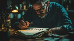 A man with glasses intently writes "change" in a dimly lit room, surrounded by art supplies. The atmosphere is focused and contemplative. Canadian Ghostwriters