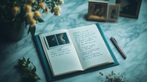 An open journal with cursive writing and a photo lies on a marble table, surrounded by a pen, flowers, and framed pictures, creating a nostalgic atmosphere. Canadian Ghostwriters