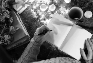 A person in a cozy sweater writes in a blank notebook on a marble table, surrounded by festive lights, a wrapped gift, and a steaming mug. Canadian Ghostwriters