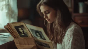 A young woman with long brown hair, wearing a white lace top, thoughtfully looks at a vintage photo album by a softly lit window, conveying nostalgia. Canadian Ghostwriters