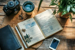 A journal with sketches and notes open on a rustic wooden table, surrounded by a camera, glasses, coffee cup, plant, and smartphone, conveying creativity. Canadian Ghostwriters