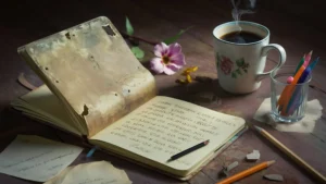 An open, weathered journal with handwritten notes lies on a table, surrounded by colorful pencils, a steaming floral mug, and a pink flower, evoking nostalgia. Canadian Ghostwriters