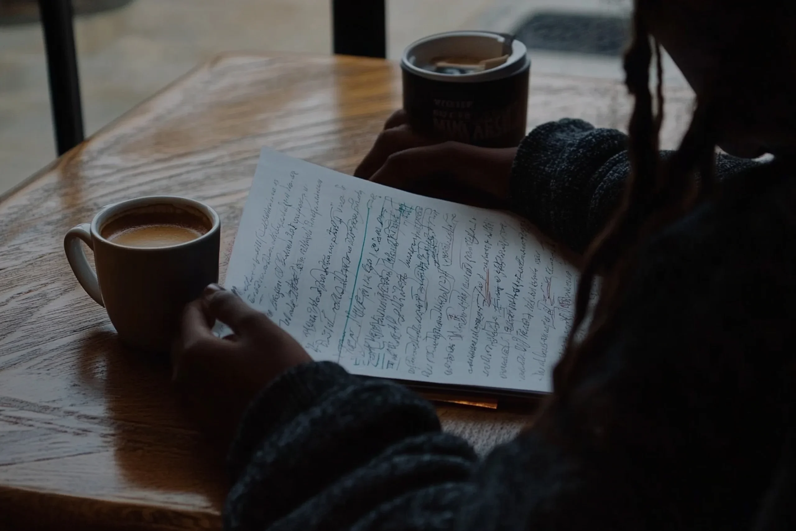 A person writes notes in a dimly lit café, holding a cup of coffee. A notebook filled with scribbles is on the wooden table, creating a cozy, reflective mood. Canadian Ghostwriters