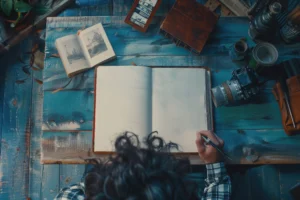 A person writing in an open journal on a blue wooden table, surrounded by vintage items like a camera and an open photo album, creating a nostalgic mood. Canadian Ghostwriters