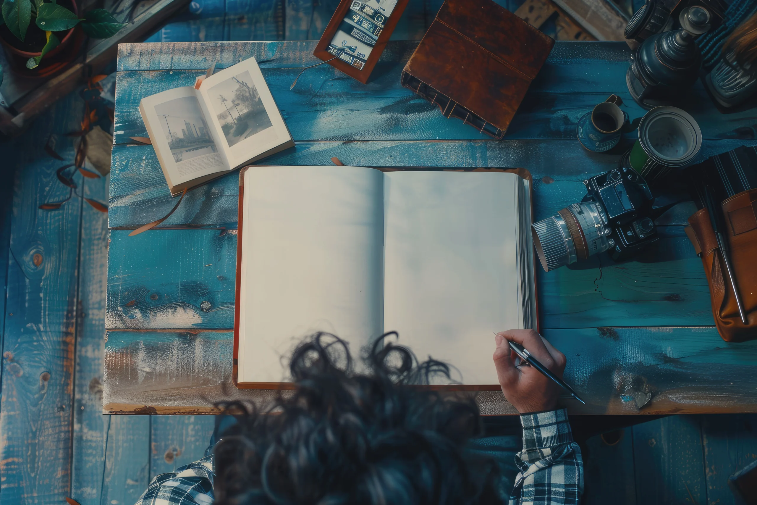 A person writing in an open journal on a blue wooden table, surrounded by vintage items like a camera and an open photo album, creating a nostalgic mood. Canadian Ghostwriters
