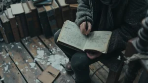 A person writes in a weathered journal while seated on a rustic wooden floor. Surrounding them are stacks of old books, creating a nostalgic, contemplative atmosphere. Canadian Ghostwriters