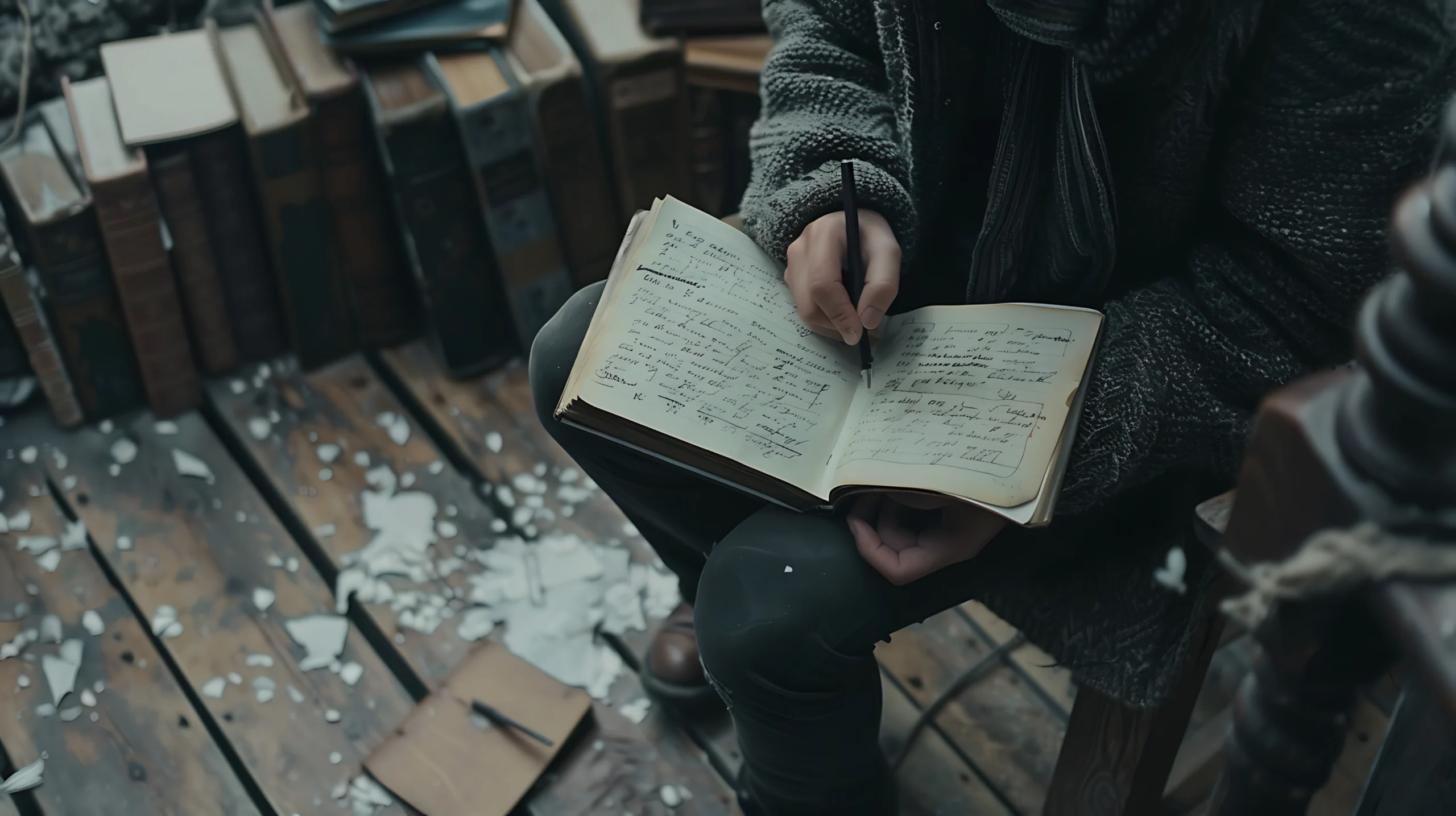 A person writes in a weathered journal while seated on a rustic wooden floor. Surrounding them are stacks of old books, creating a nostalgic, contemplative atmosphere. Canadian Ghostwriters