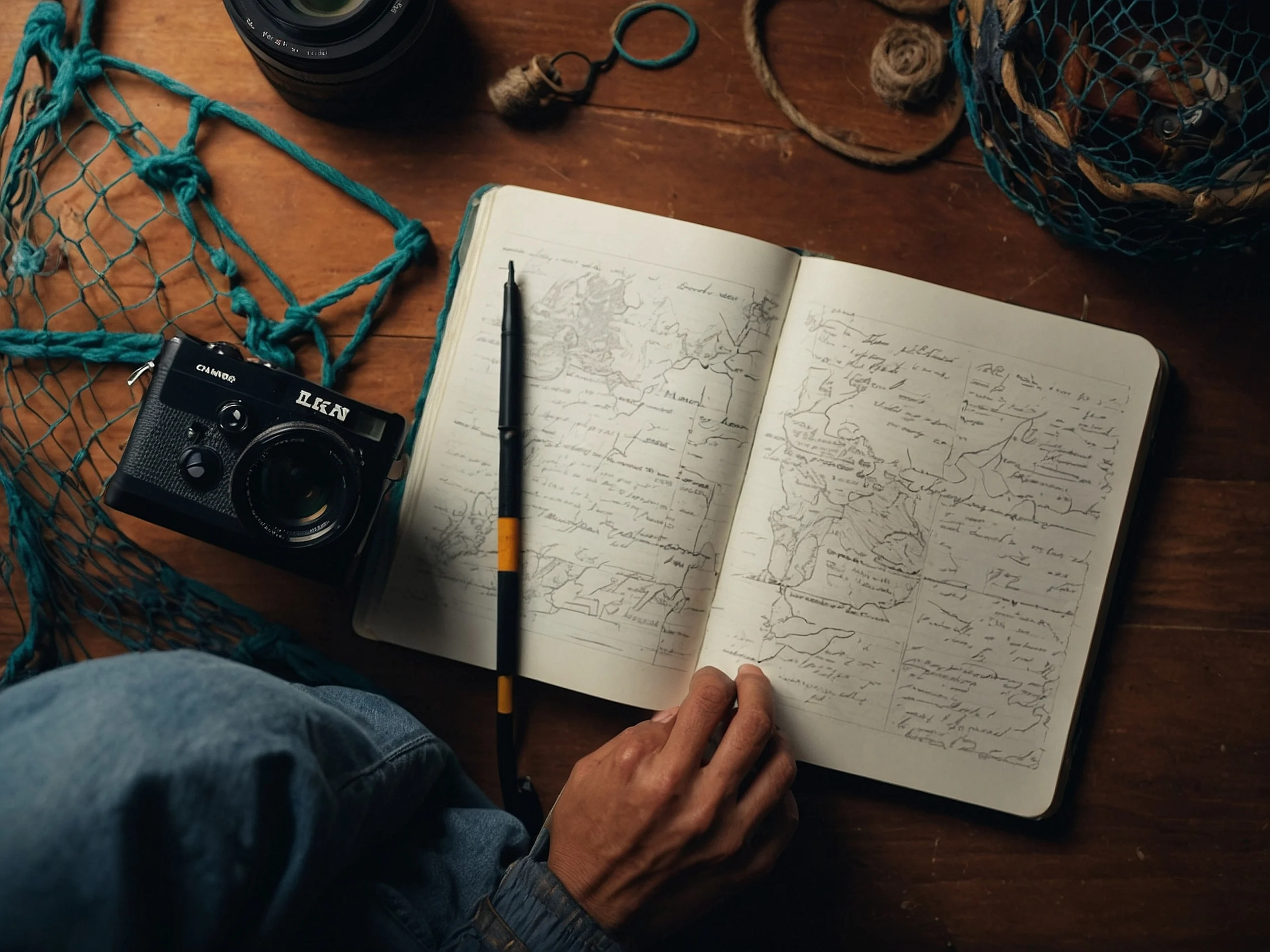 A vintage camera, pen, and hand rest on a journal filled with detailed sketches and notes. The scene evokes creativity and exploration. Canadian Ghostwriters