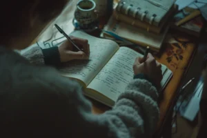A person writes in a notebook at a cozy wooden desk, surrounded by books, a mug, and a pencil case, suggesting a focused, studious atmosphere. Canadian Ghostwriters