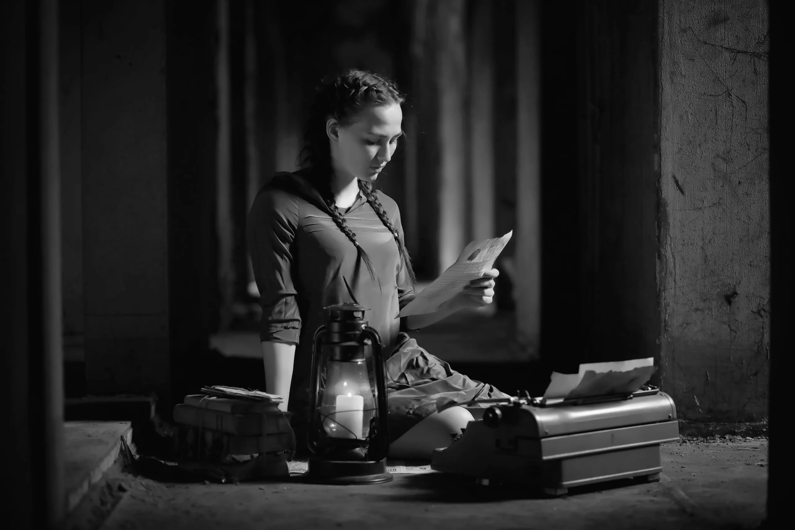 A woman in a dimly lit room sits on the floor, reading a letter. Nearby, a typewriter and lantern create a nostalgic, reflective atmosphere. Canadian Ghostwriters