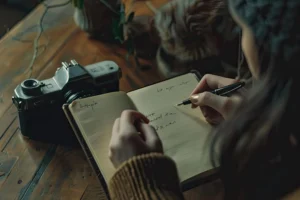 A person writes in a notebook, pen in hand, beside a vintage camera on a rustic wooden table. The scene conveys creativity and introspection. Canadian Ghostwriters