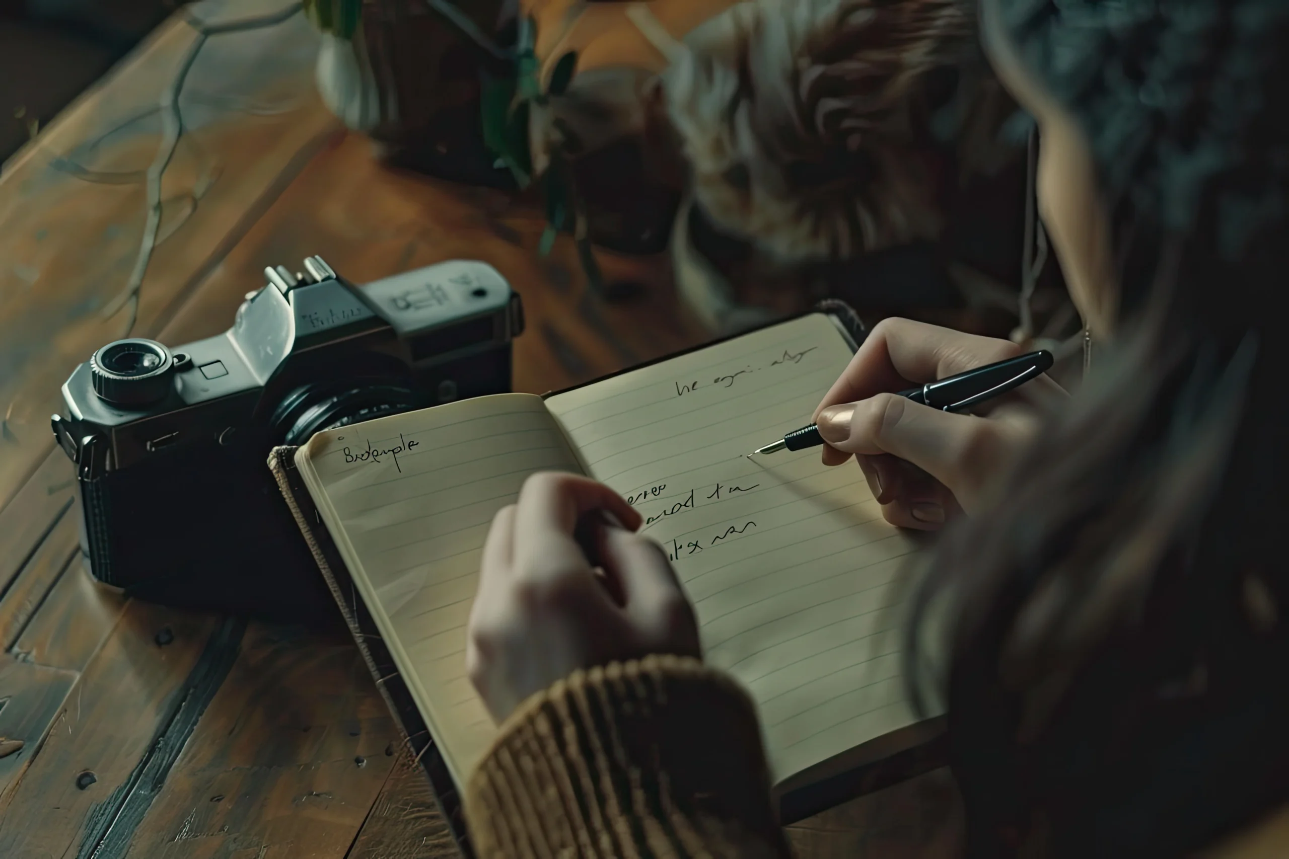 A person writes in a notebook, pen in hand, beside a vintage camera on a rustic wooden table. The scene conveys creativity and introspection. Canadian Ghostwriters