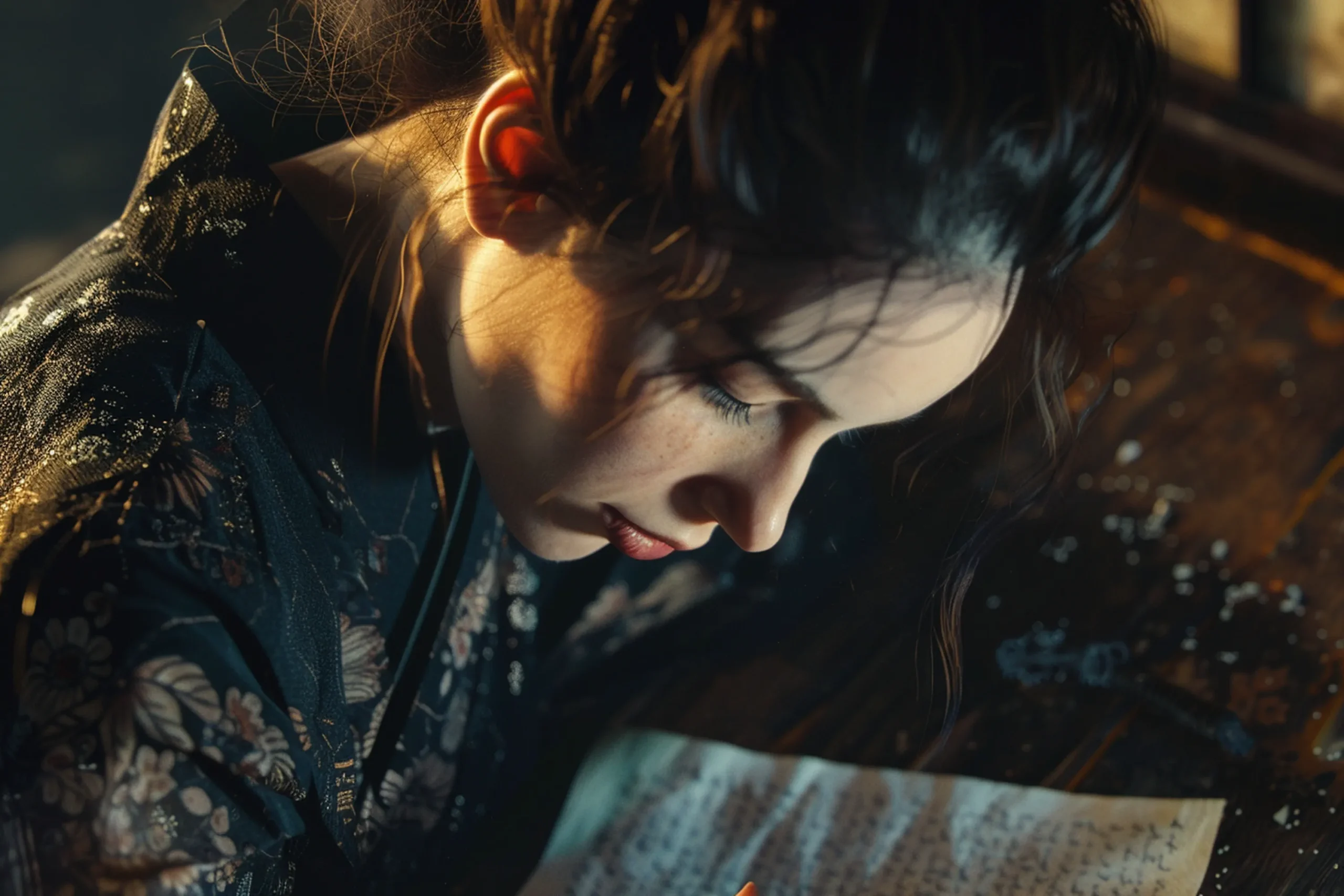 A woman in a dark floral robe intensely focuses on writing on a piece of parchment at a wooden desk. Soft light highlights her focused expression. Canadian Ghostwriters