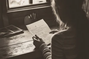 A sepia-toned image of a woman reading a handwritten letter by a window, conveying nostalgia and reflection. A shadowed desk with papers adds depth. Canadian Ghostwriters