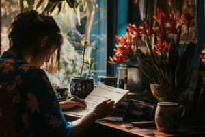A woman writing in a notebook sits at a wooden table adorned with potted plants and vibrant red flowers. Sunlight filters through a window, creating a serene ambiance. Canadian Ghostwriters