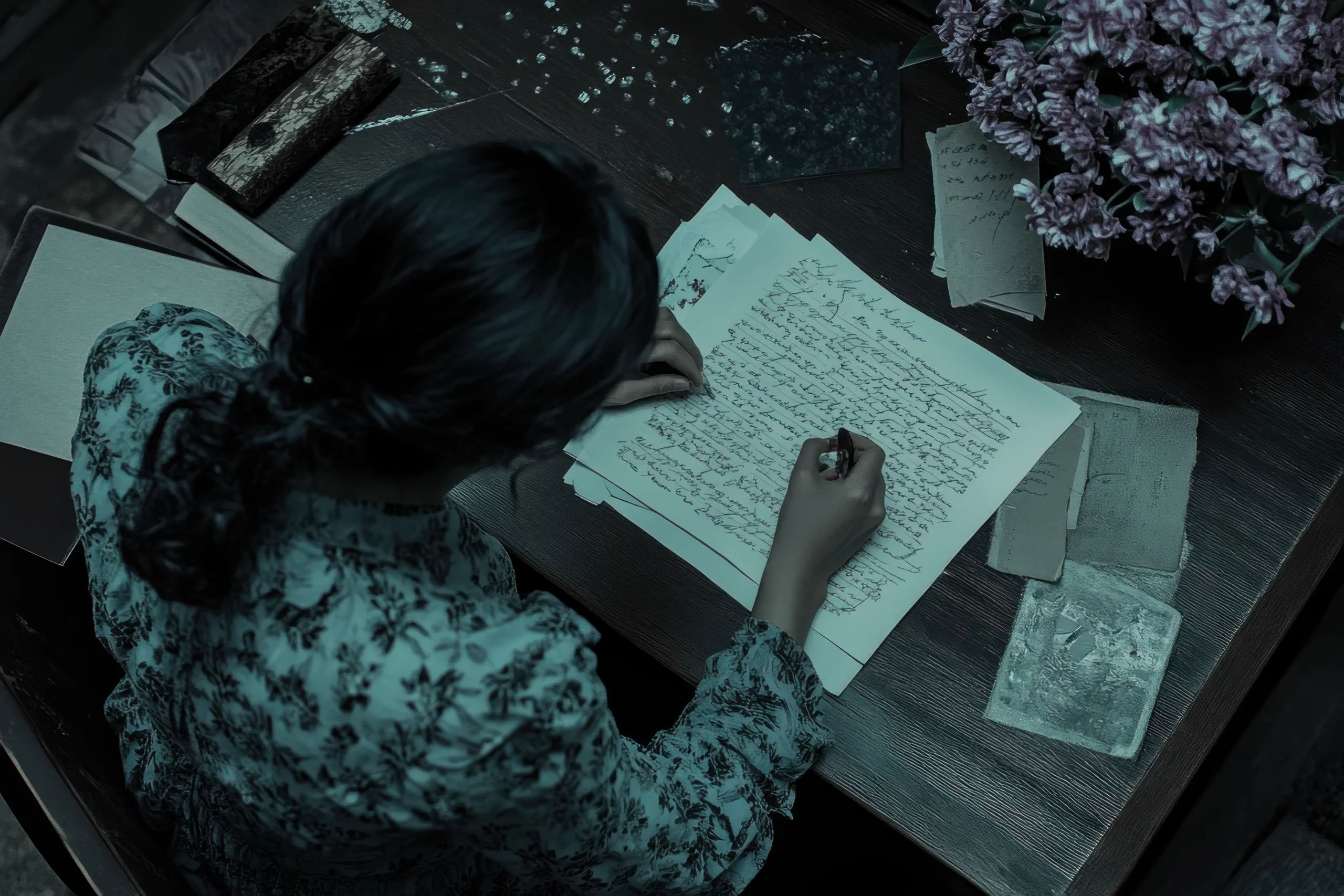 A person with dark hair sits at a wooden desk, writing on paper with an ink pen. Surrounding the writer are scattered papers and a bouquet of purple flowers, creating a serene and focused mood. Canadian Ghostwriters