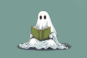 A cute cartoon ghost sits on the floor reading a green book. Its sheet-like form and large eyes give a whimsical and calm atmosphere. Canadian Ghostwriters