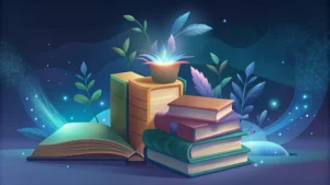 A fantasy-themed illustration of stacked books and an open book, surrounded by glowing plants and sparkles, creating a magical, serene atmosphere. Canadian Ghostwriters