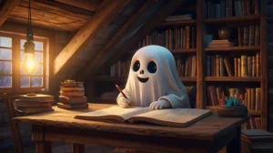 A cute ghost with big eyes sits at a wooden desk in a cozy attic, writing in a notebook. The room is warmly lit by a hanging bulb, with bookshelves behind. Canadian Ghostwriters
