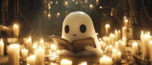 A cute, small ghost with big black eyes reads a book in a dimly lit cavern, surrounded by numerous glowing candles, creating a cozy, mystical atmosphere. Canadian Ghostwriters
