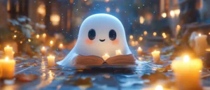 A cute ghost with big eyes sits on a cobblestone path, reading a book amidst glowing candles and scattered autumn leaves at night. Enchanting atmosphere. Canadian Ghostwriters