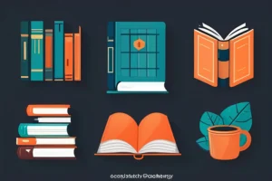 Illustration of books, a journal, and a coffee cup with leaves on a dark background. The colors are teal and orange, conveying a cozy and intellectual vibe. Canadian Ghostwriters
