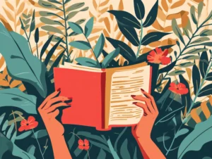 Hands hold an open red book surrounded by lush greenery and orange flowers. The setting is vibrant and serene, suggesting a peaceful natural escape. Canadian Ghostwriters