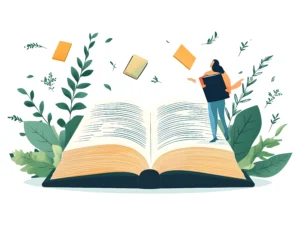 An open book with a woman holding another book beside it. Leaves and floating books surround the scene, creating a whimsical and imaginative atmosphere. Canadian Ghostwriters
