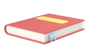 A closed red book with a yellow label on the cover and a blue bookmark peeking out from the side. The book suggests a simple, organized tone. canadianghostwriters