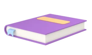 A purple closed book with a yellow rectangular label on the cover and a light blue ribbon bookmark peeking out. It conveys simplicity and organization. canadianghostwriters