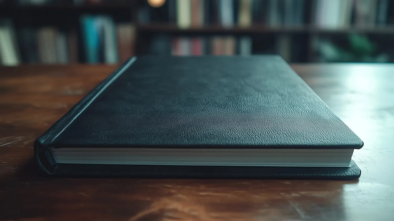 A closed, black, leather-bound book rests on a wooden table, with blurred bookshelves in the background. canadianghostwriters