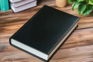 A closed black hardcover book rests on a wooden table, with stacked books, a potted plant, and greenery in the background. canadianghostwriters