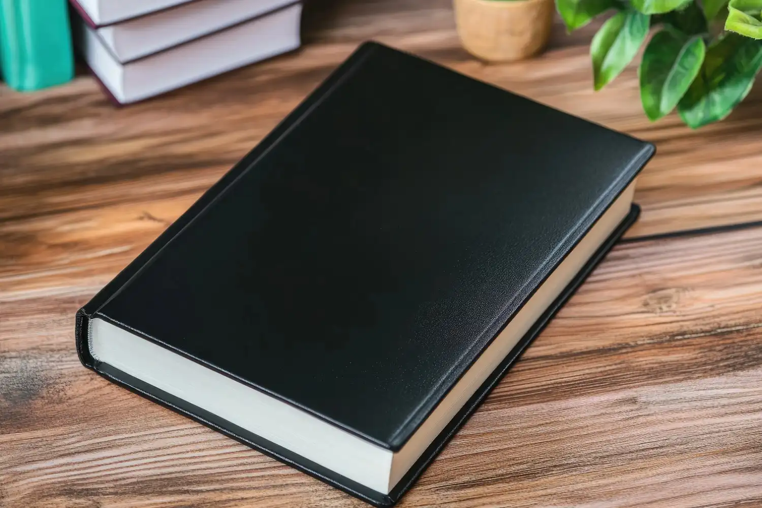 A closed black hardcover book rests on a wooden table, with stacked books, a potted plant, and greenery in the background. canadianghostwriters