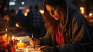 A woman in a grey hoodie writes with a pen on paper at a table illuminated by the warm, soft glow of multiple small candles in a dark setting. canadianghostwriters