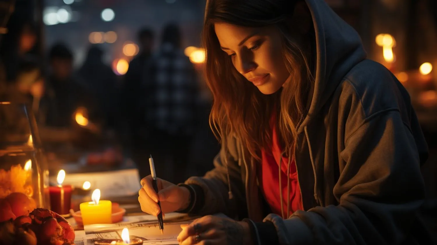 A woman in a grey hoodie writes with a pen on paper at a table illuminated by the warm, soft glow of multiple small candles in a dark setting. canadianghostwriters